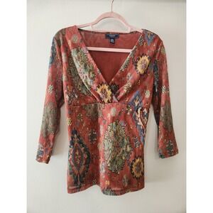 Chaps Denim Women's 3/4 Sleeve Top Size L Boho Southwest Santa Fe Rust Aztec